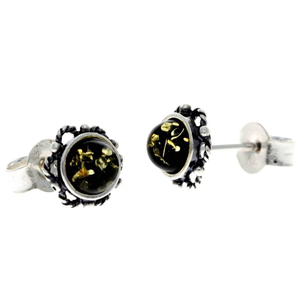 925 Sterling Silver & Genuine Baltic Amber Classic Round Studs Earrings - 5940