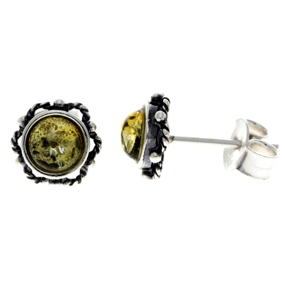 925 Sterling Silver & Genuine Baltic Amber Classic Round Studs Earrings - 5940