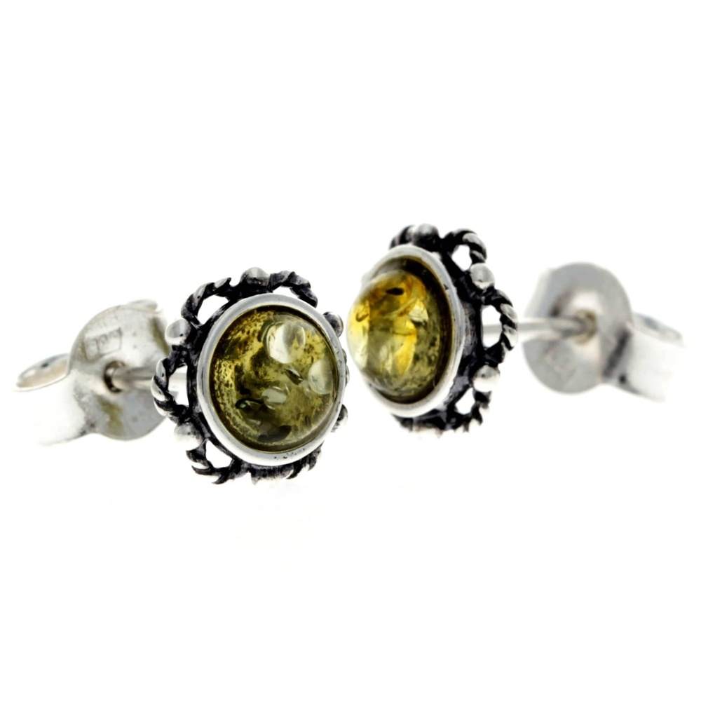 925 Sterling Silver & Genuine Baltic Amber Classic Round Studs Earrings - 5940