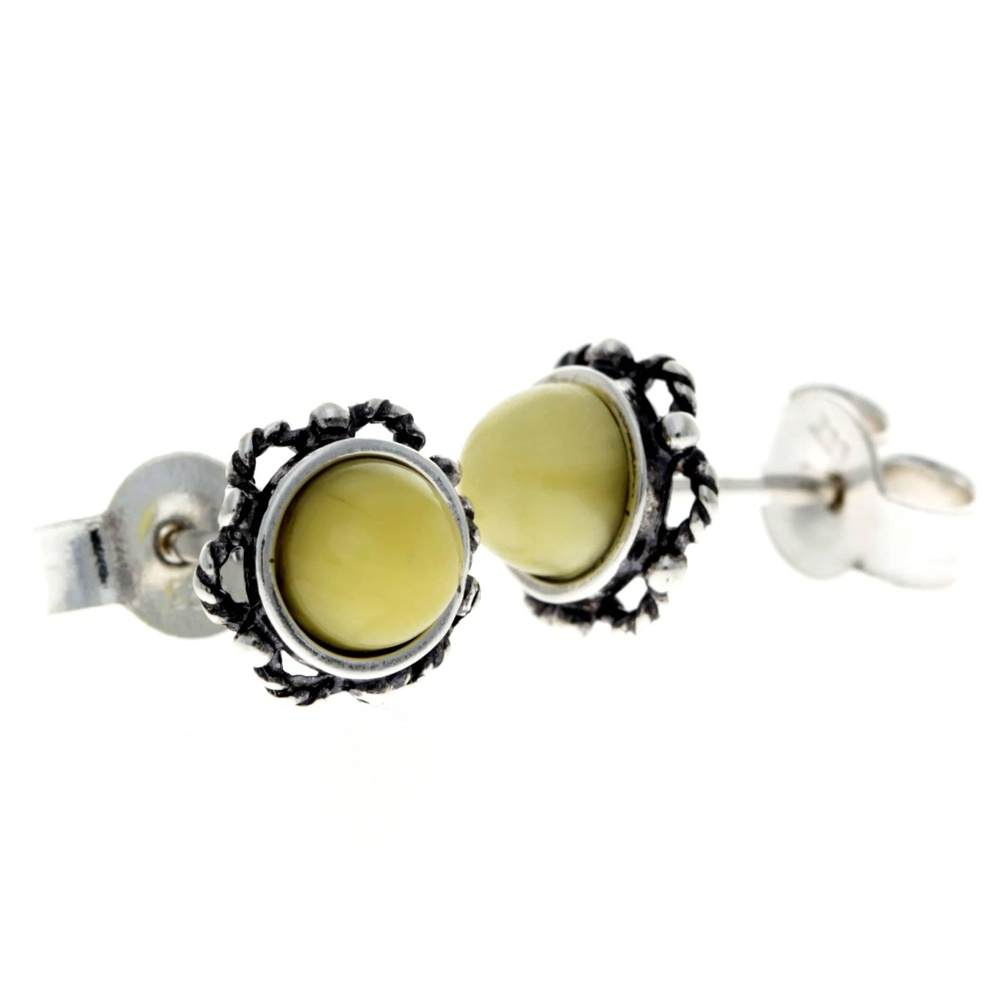 925 Sterling Silver & Genuine Baltic Amber Classic Round Studs Earrings - 5940