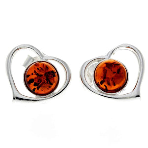 925 Sterling Silver & Genuine Baltic Amber Classic Hearts Studs Earrings - 5948