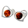 925 Sterling Silver & Genuine Baltic Amber Classic Hearts Studs Earrings - 5948