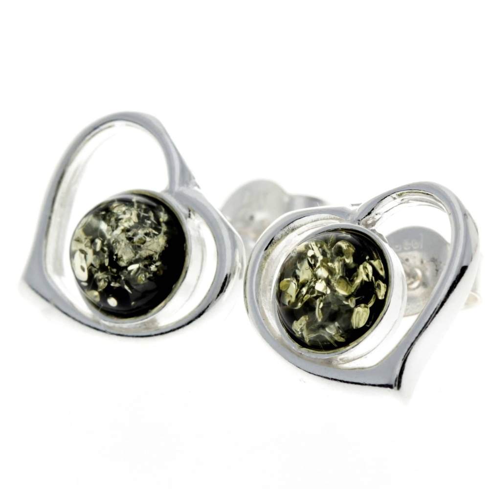 925 Sterling Silver & Genuine Baltic Amber Classic Hearts Studs Earrings - 5948