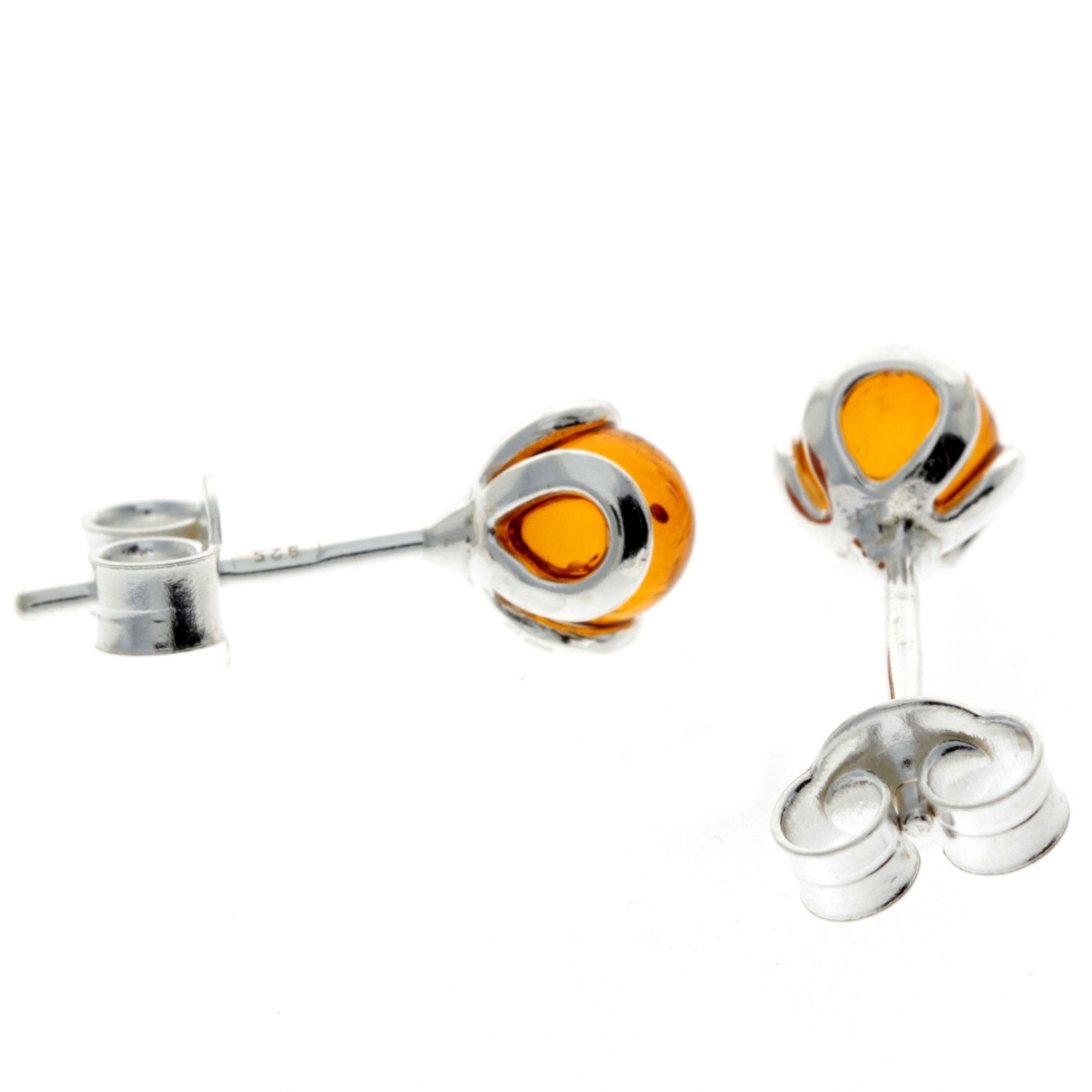925 Sterling Silver & Baltic Amber Ball Earrings - 5966