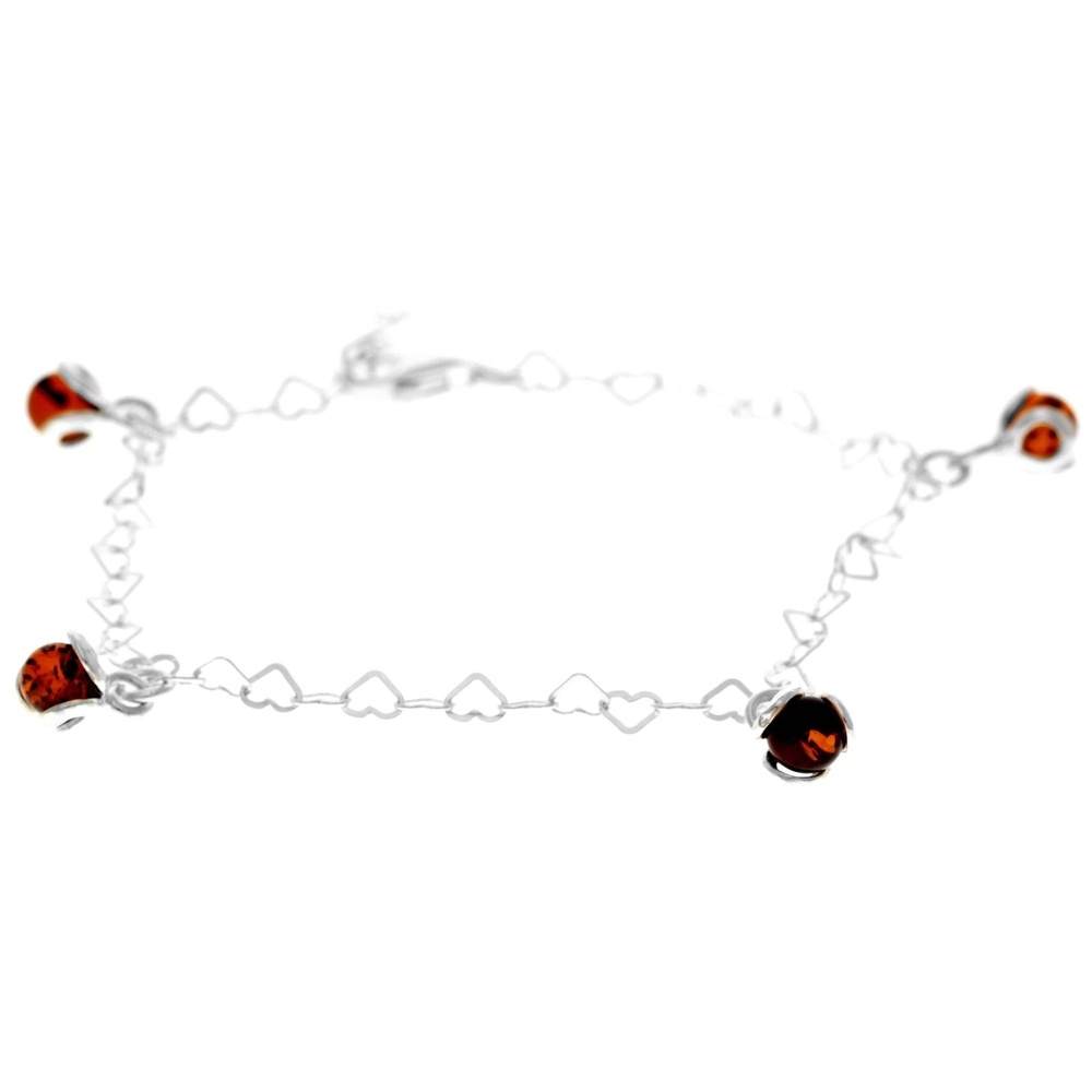 925 Sterling Silver & Genuine Baltic Amber Modern Adjustable up to 20 cm Hearts Bracelet - 5966B