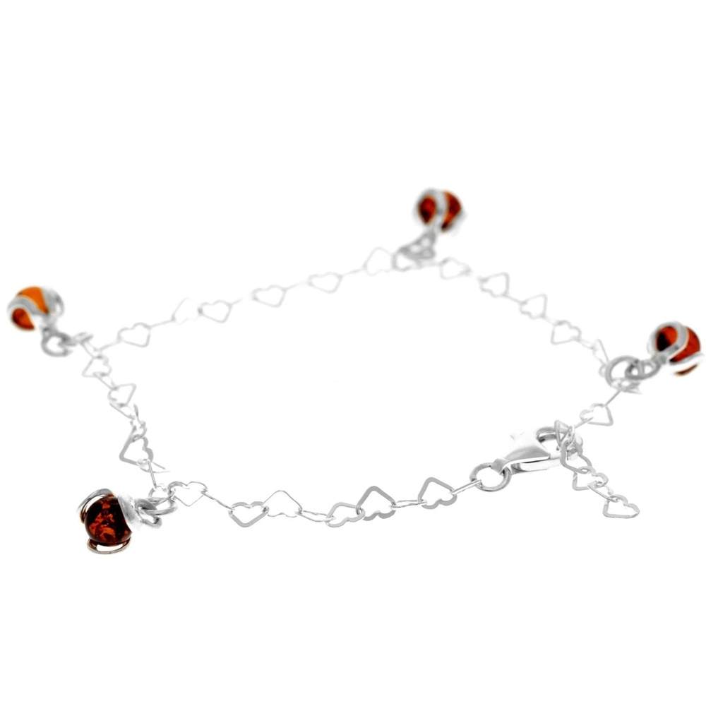 925 Sterling Silver & Genuine Baltic Amber Modern Adjustable up to 20 cm Hearts Bracelet - 5966B