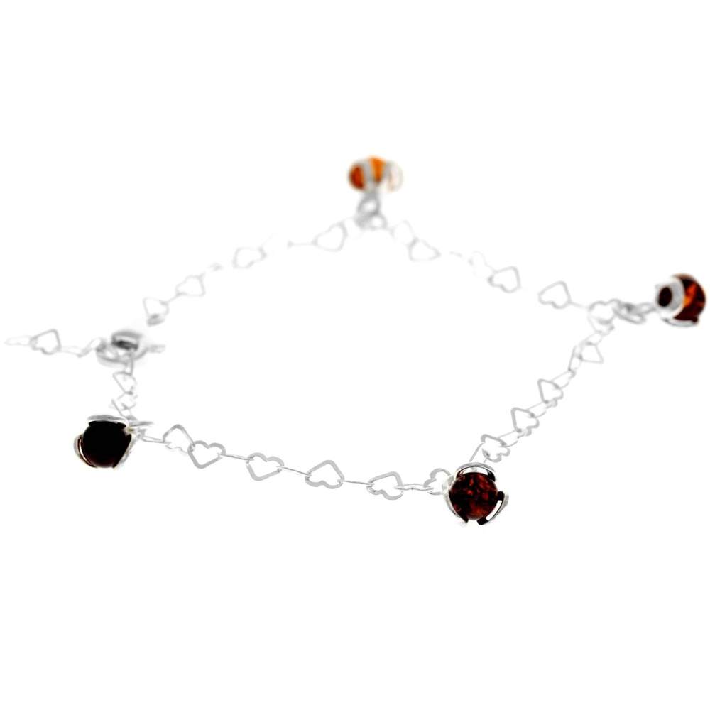 925 Sterling Silver & Genuine Baltic Amber Modern Adjustable up to 20 cm Hearts Bracelet - 5966B