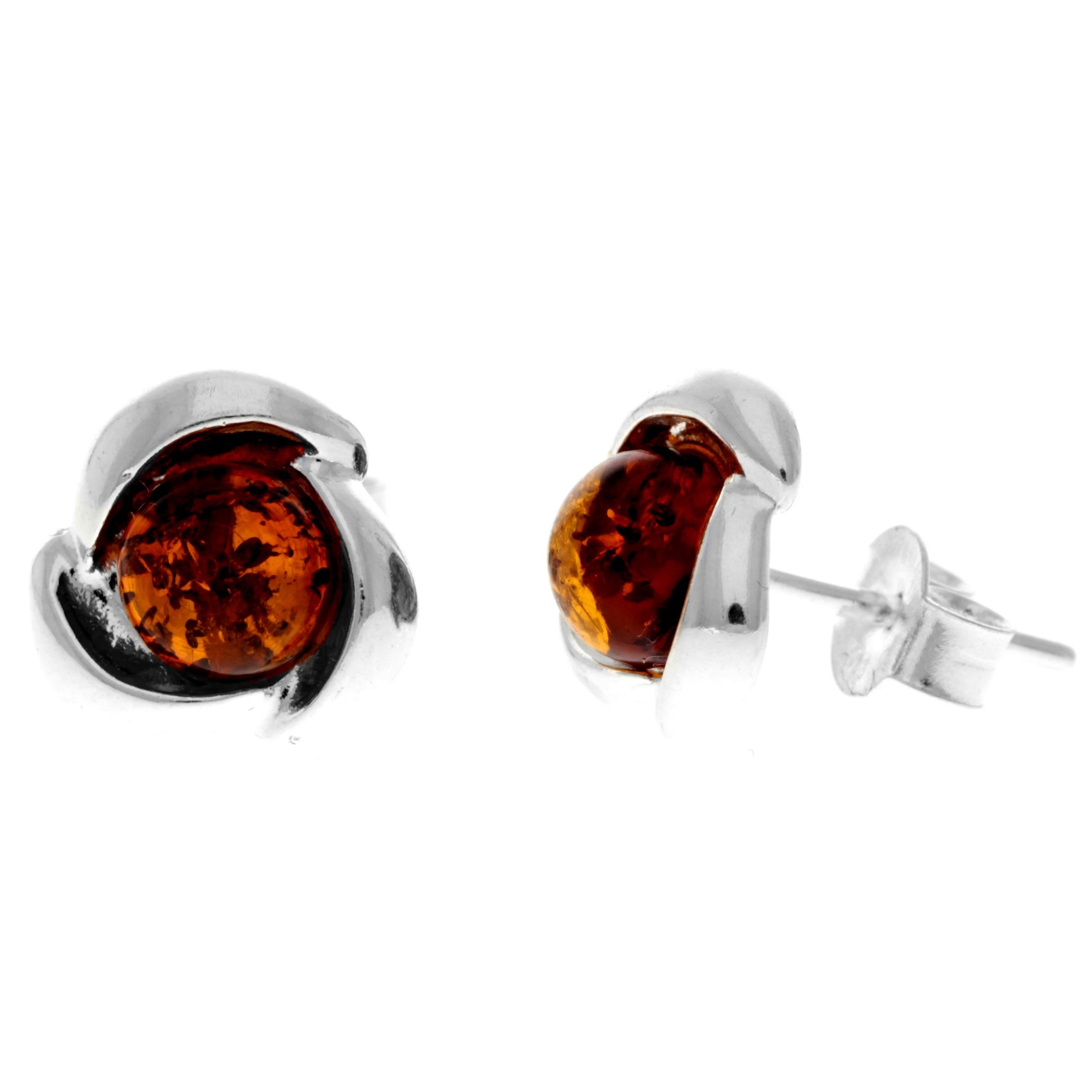 925 Sterling Silver & Genuine Baltic Amber Classic Celtic Studs Earrings - 5971