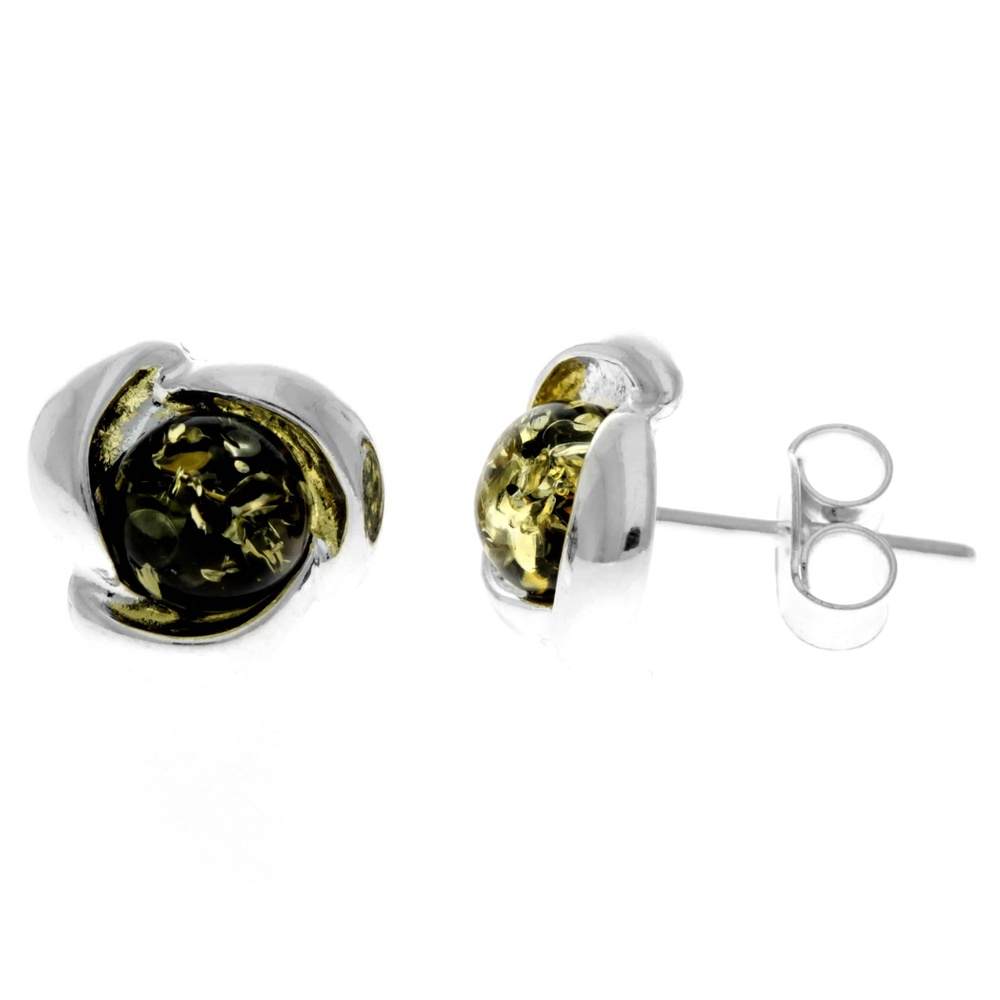 925 Sterling Silver & Genuine Baltic Amber Classic Celtic Studs Earrings - 5971