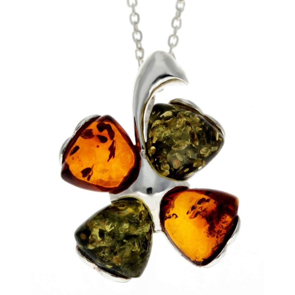 925 Sterling SIlver & Genuine Baltic Amber Lucky Clover Pendant - GL283