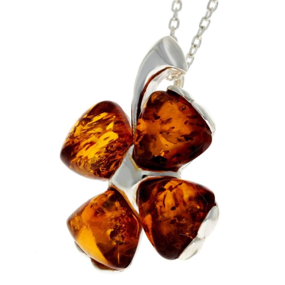 925 Sterling SIlver & Genuine Baltic Amber Lucky Clover Pendant - GL283