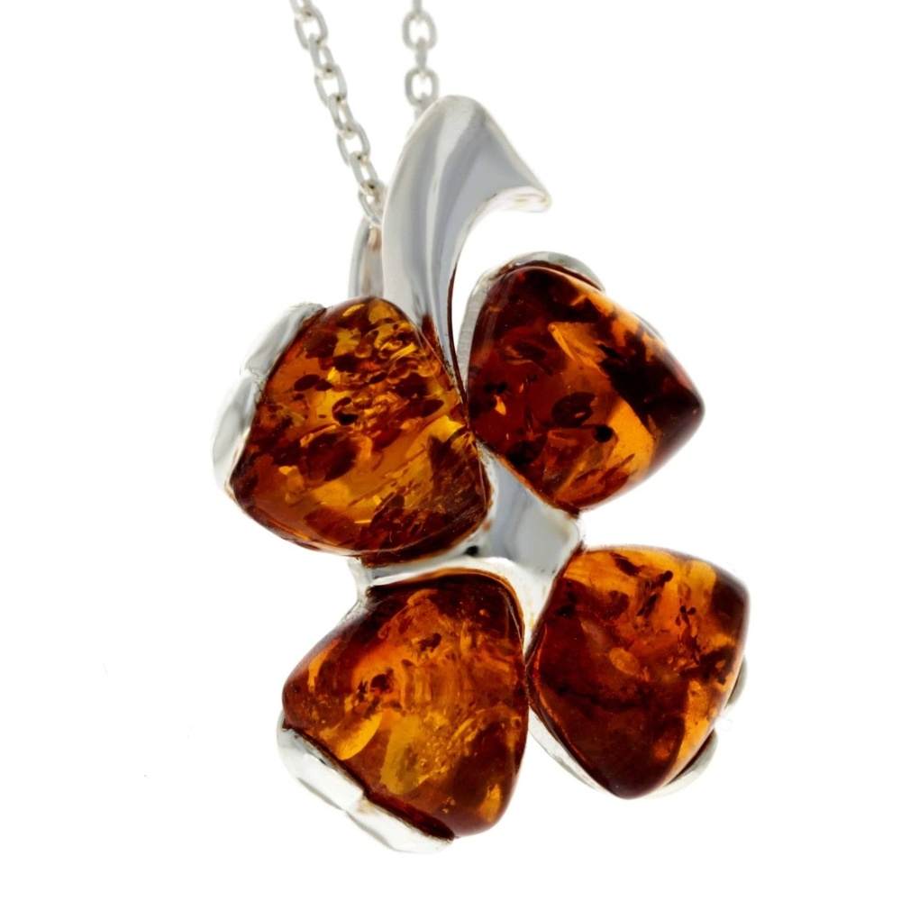 925 Sterling SIlver & Genuine Baltic Amber Lucky Clover Pendant - GL283