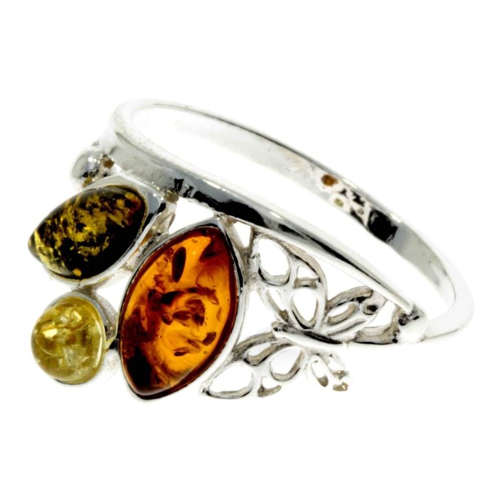 925 Sterling Silver & Baltic Amber Modern Ring with silver butterfly - M717