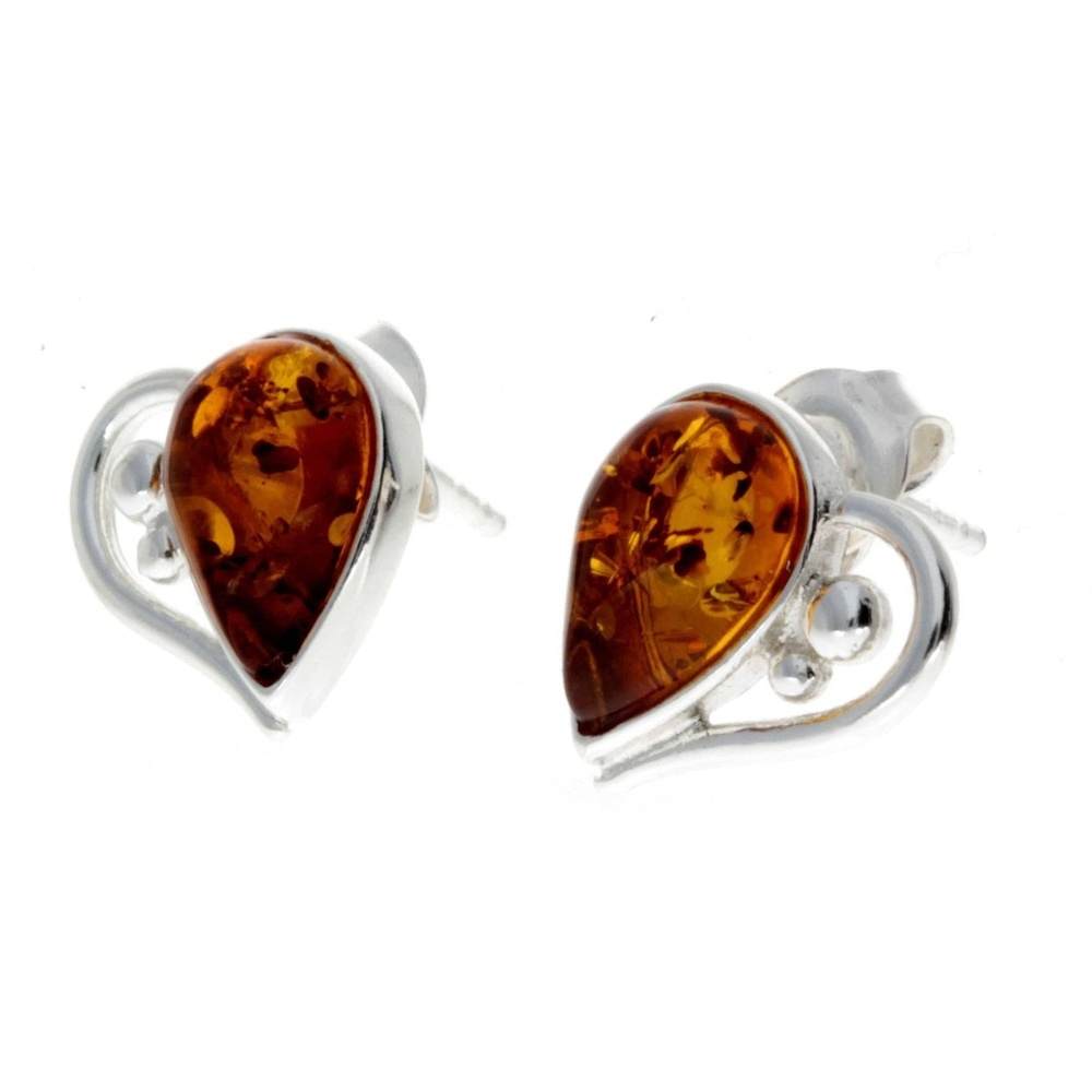 925 Sterling Silver & Baltic Amber Heart Studs Earrings - M194