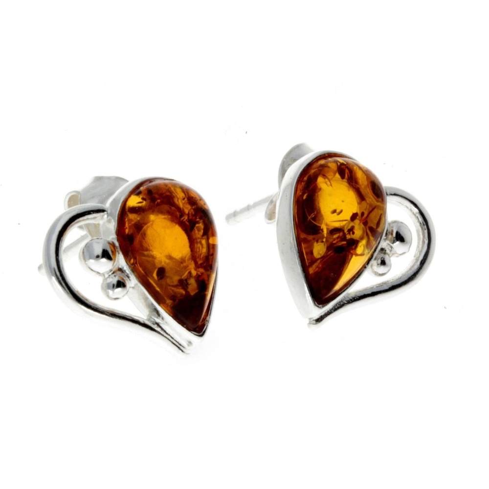 925 Sterling Silver & Baltic Amber Heart Studs Earrings - M194