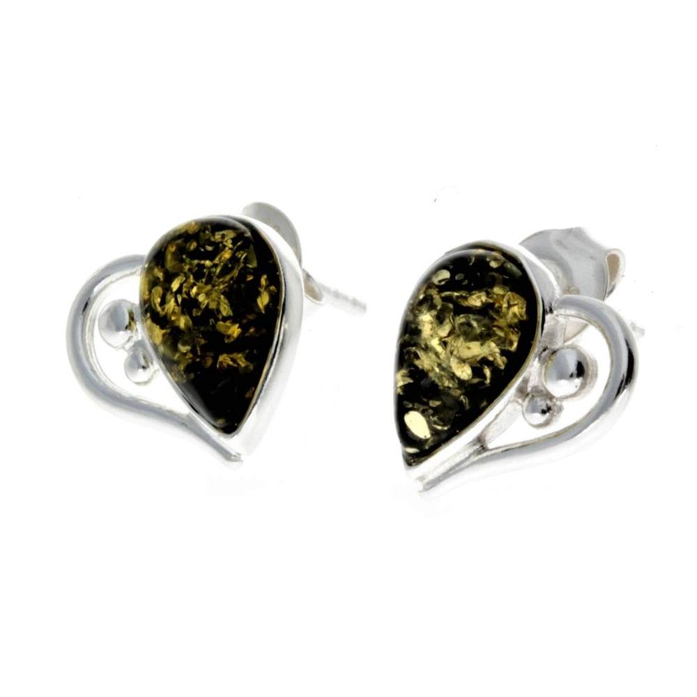 925 Sterling Silver & Baltic Amber Heart Studs Earrings - M194