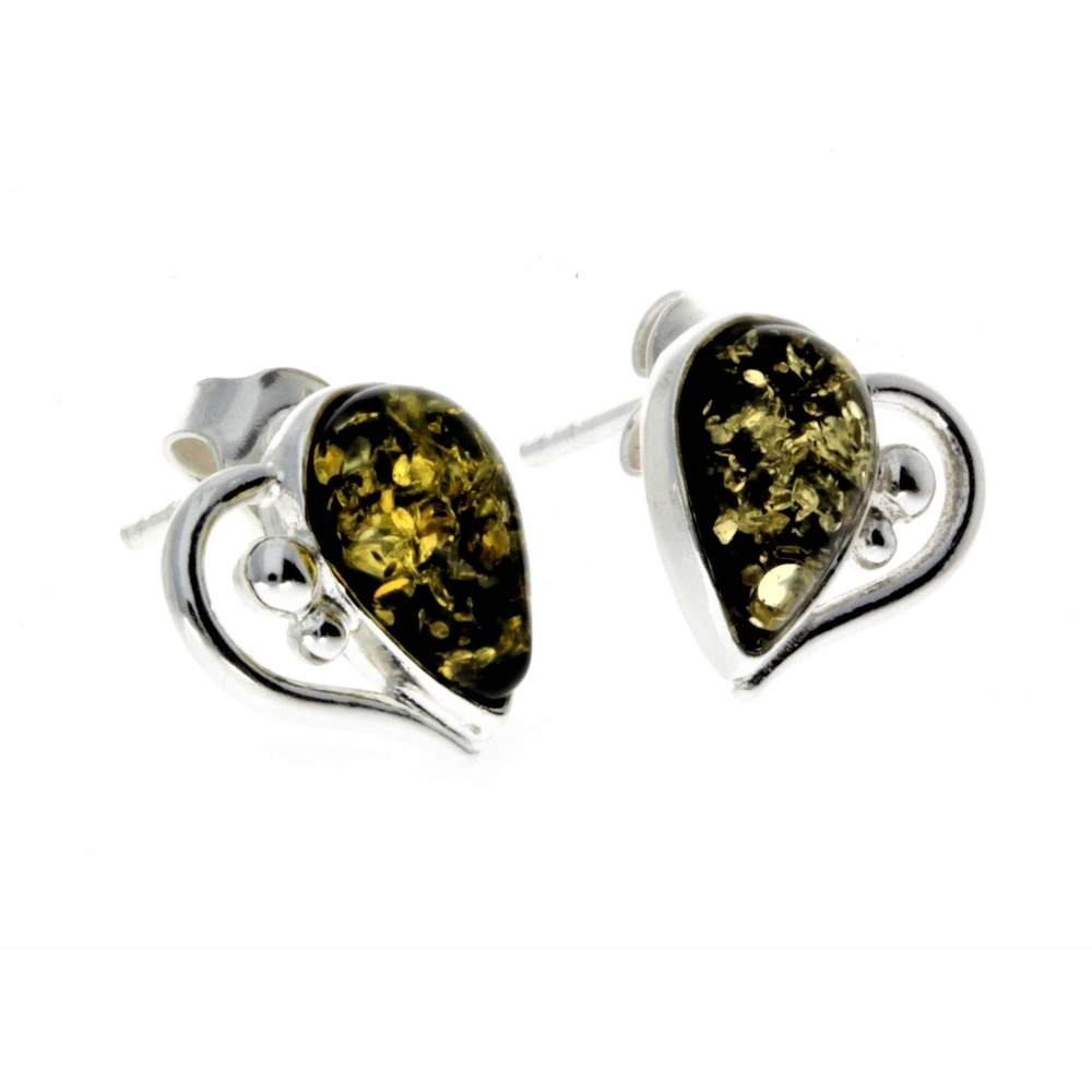 925 Sterling Silver & Baltic Amber Heart Studs Earrings - M194