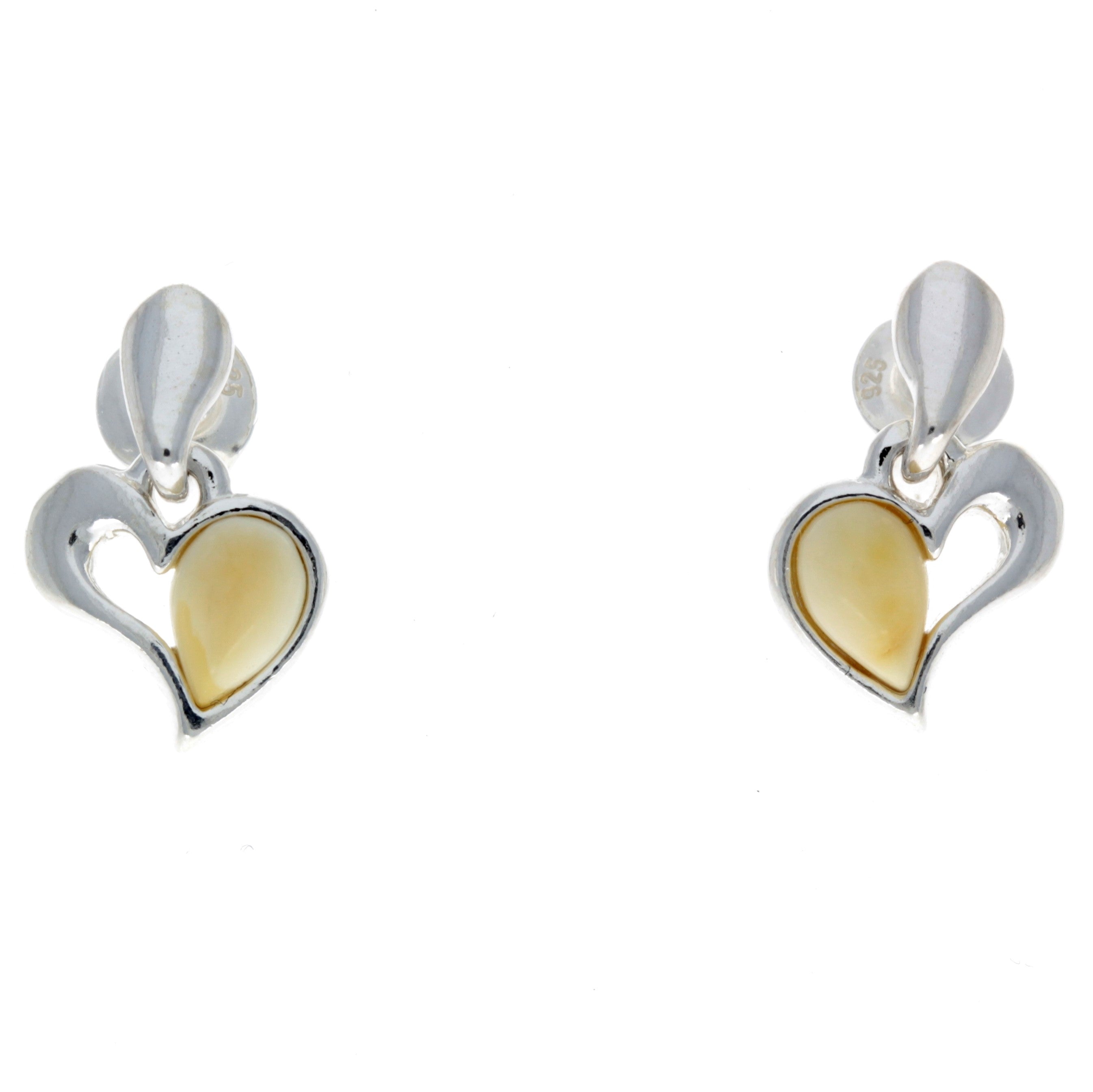 925 Sterling Silver & Baltic Amber Drop Hearts Earrings - GL154