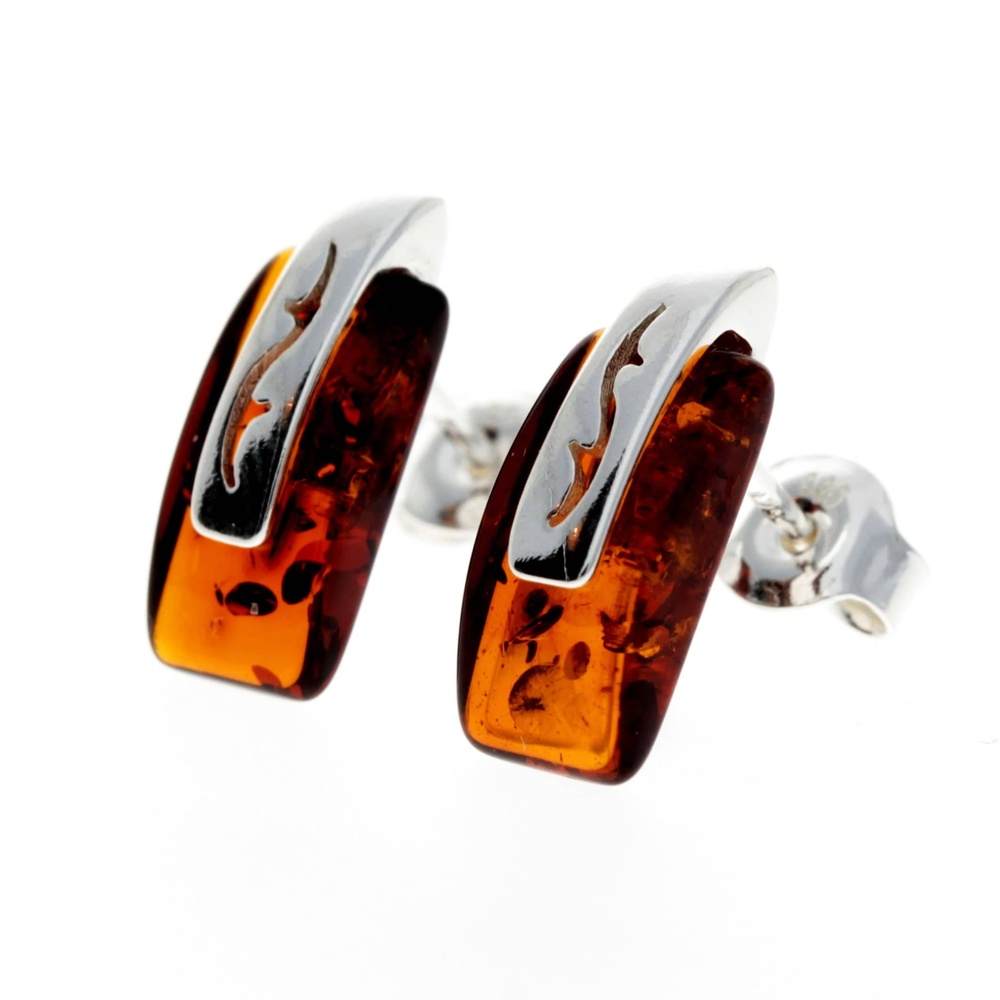 925 Sterling Silver & Baltic Amber Modern Studs Earrings - GL036