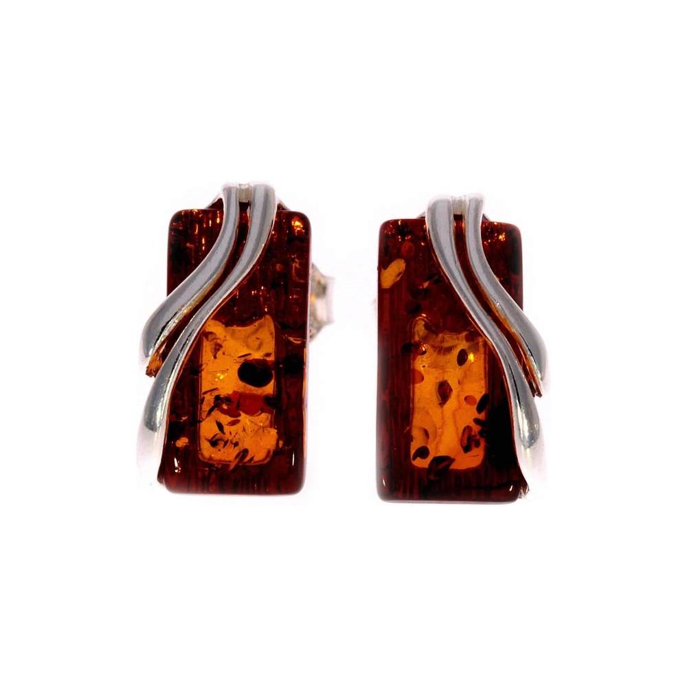 925 Sterling Silver & Baltic Amber Modern Studs Earrings - GL005