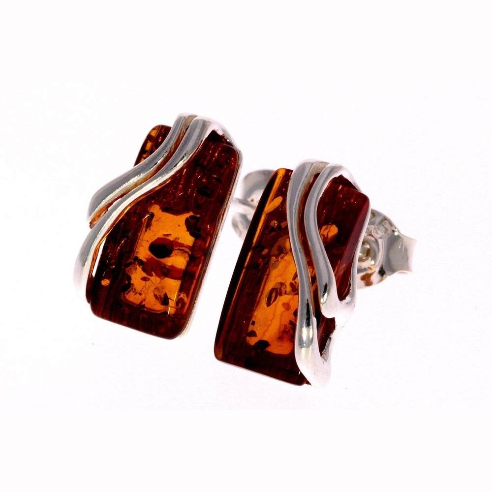 925 Sterling Silver & Baltic Amber Modern Studs Earrings - GL005