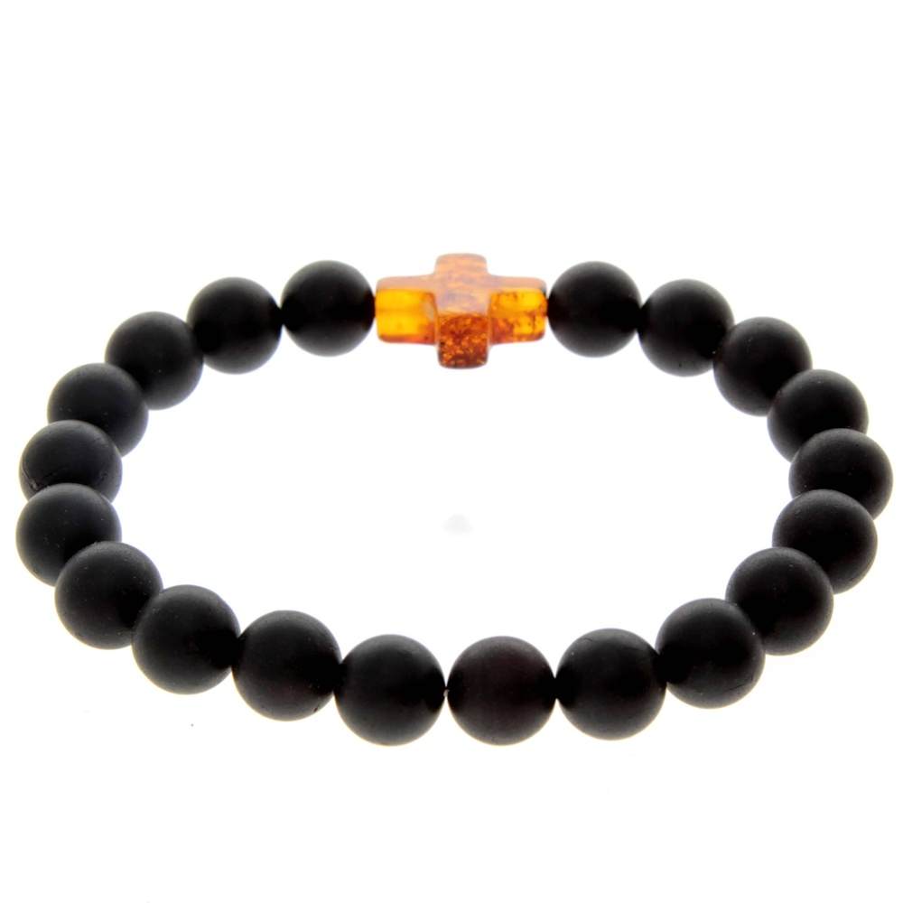 Genuine Baltic Amber Elastic Bracelet for Men with Amber Cross - MB010