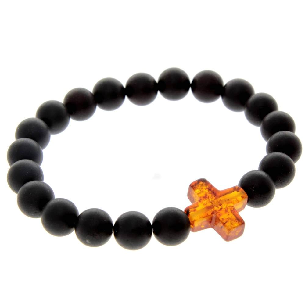 Genuine Baltic Amber Elastic Bracelet for Men with Amber Cross - MB010