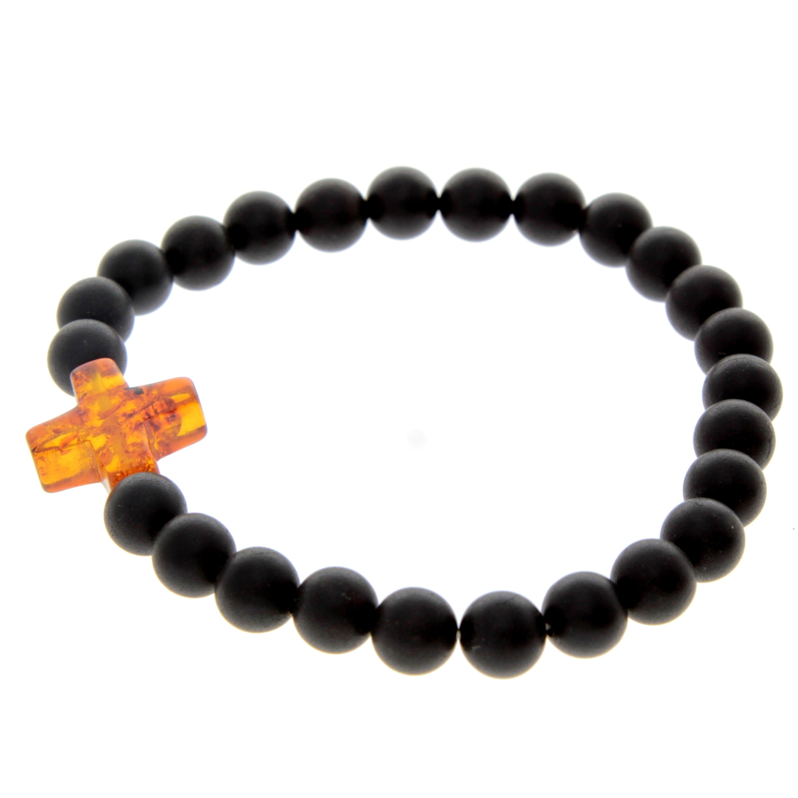 Genuine Baltic Amber Elastic Bracelet for Men with Amber Cross - MB010S