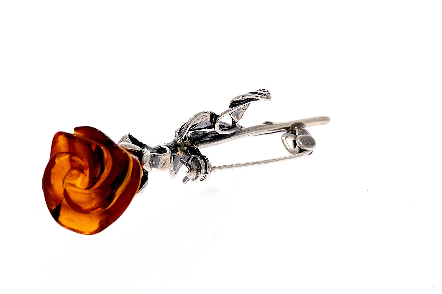 925 Sterling Silver & Baltic Amber Unique Rose Brooch - BR1