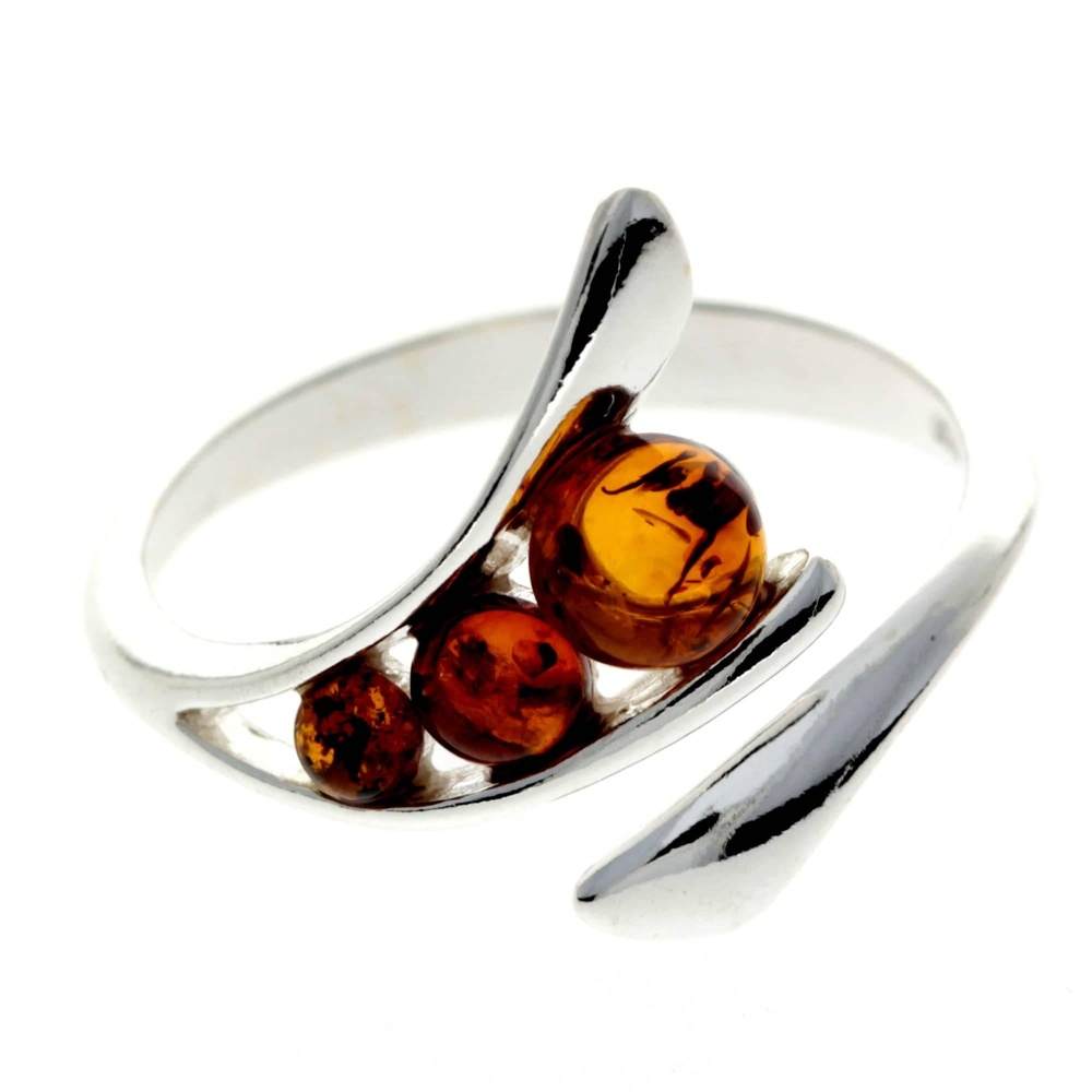 925 Sterling Silver & Baltic Amber 3 Stone Adjustable Ring