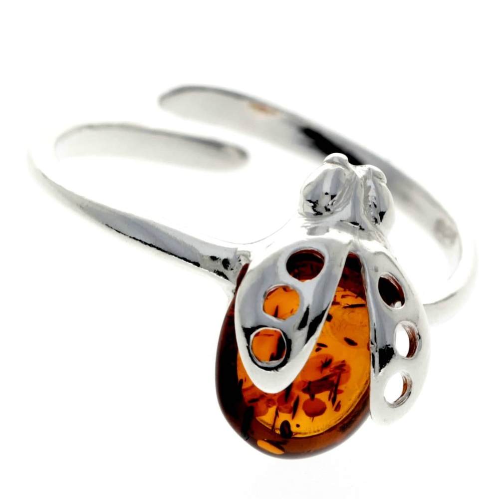 925 Sterling Silver & Baltic Amber Ladybird Adjustable Ring - GL491A