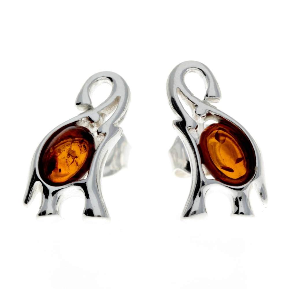 925 Sterling Silver & Baltic Amber Elephant Stud Earrings - GL176