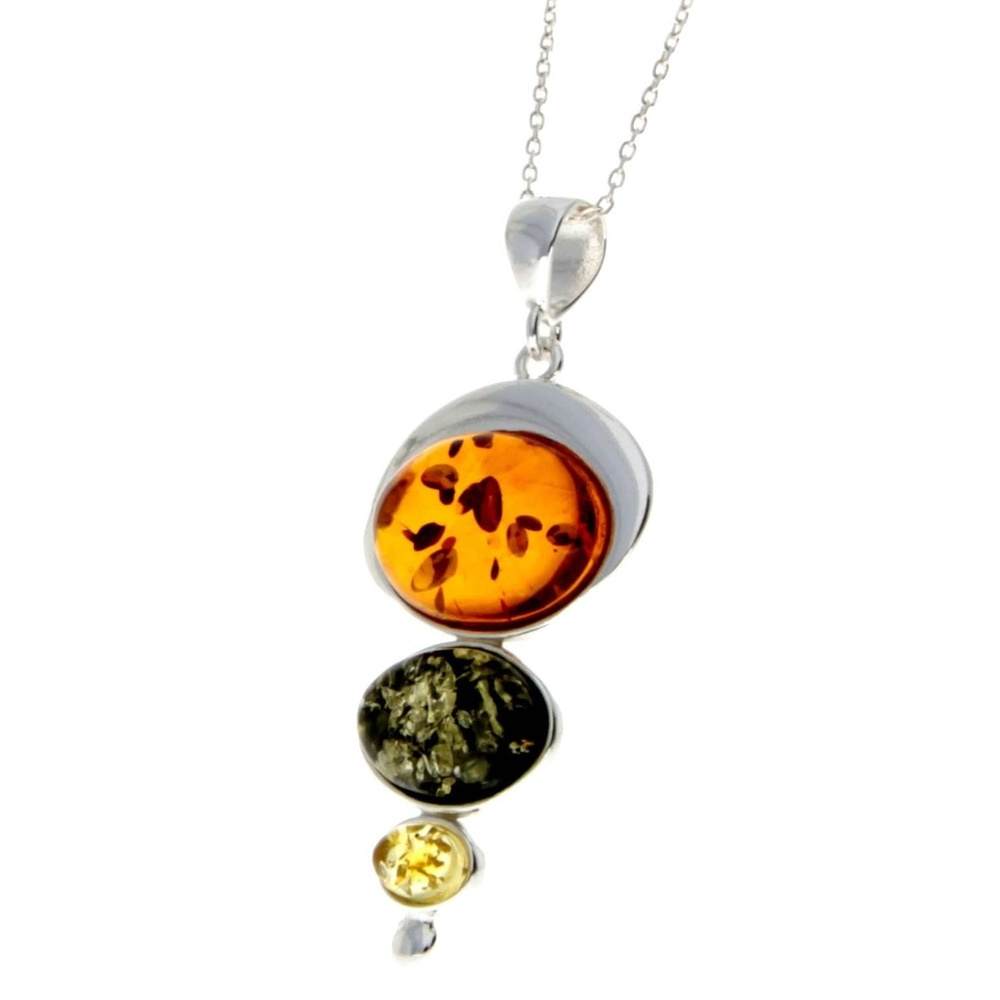 925 Sterling Silver & Baltic Amber 3 Stone Modern Pendant - M371