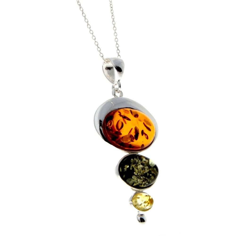 925 Sterling Silver & Baltic Amber 3 Stone Modern Pendant - M371