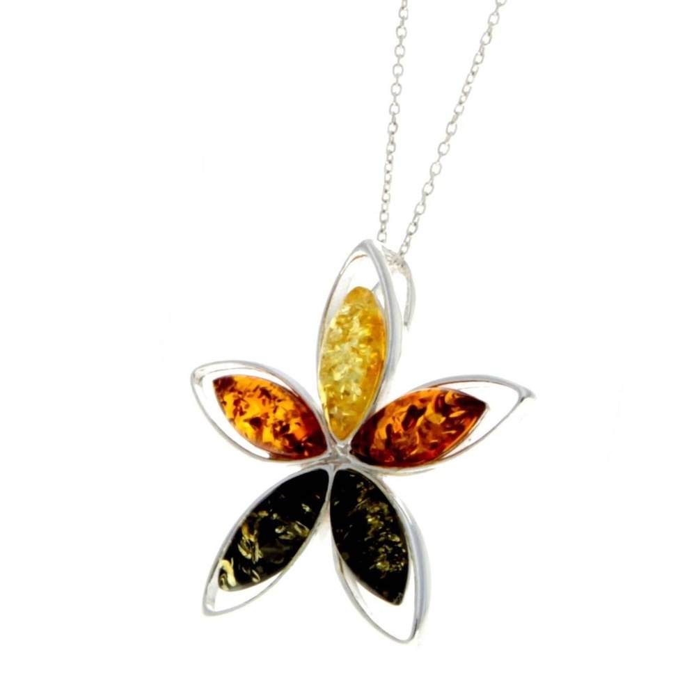 925 Sterling Silver & Baltic Amber 5 Stones Star Modern Pendant - M373