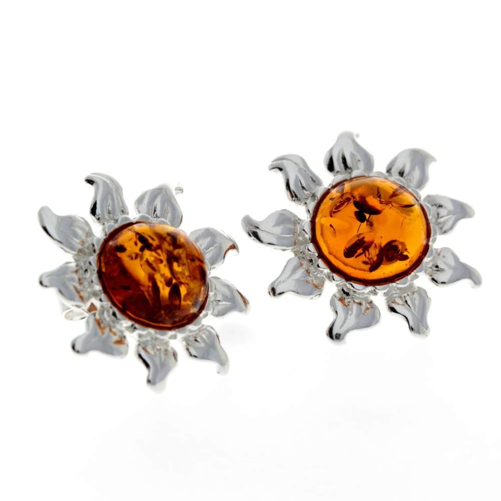 925 Sterling Silver & Baltic Amber Sun / Star Earrings - GL177