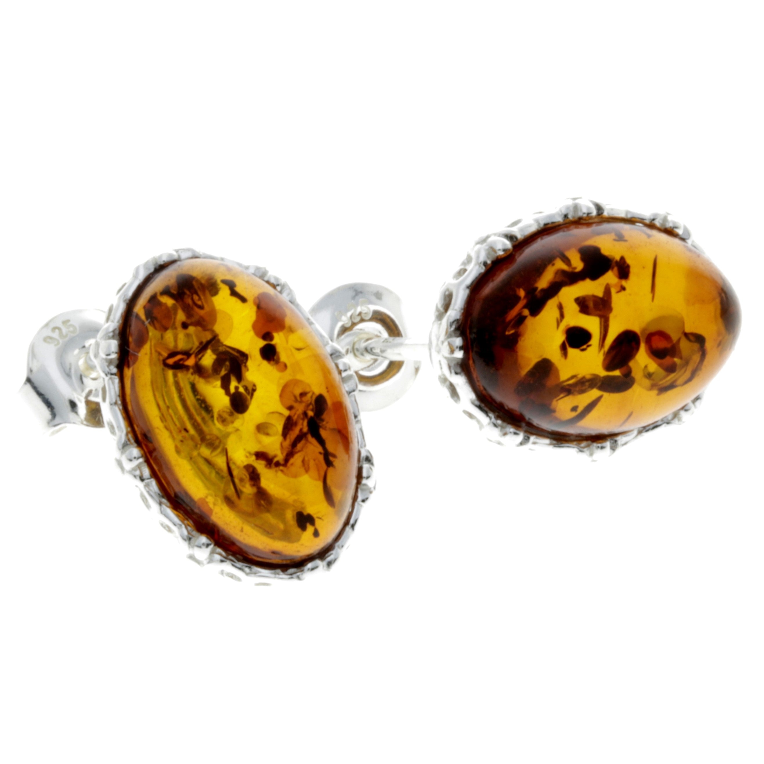 925 Sterling Silver & Genuine Baltic Amber Classic Oval Studs Earrings - M650