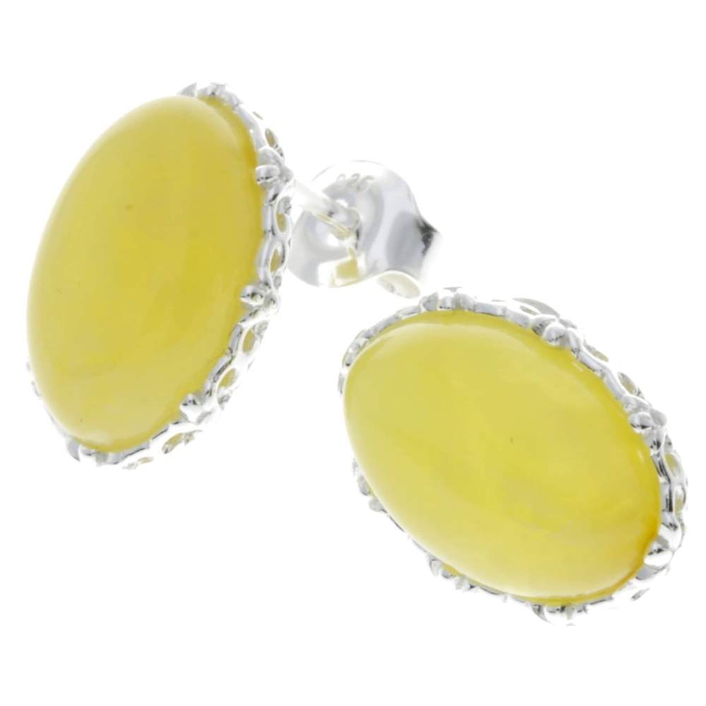 925 Sterling Silver & Genuine Baltic Amber Classic Oval Studs Earrings - M650