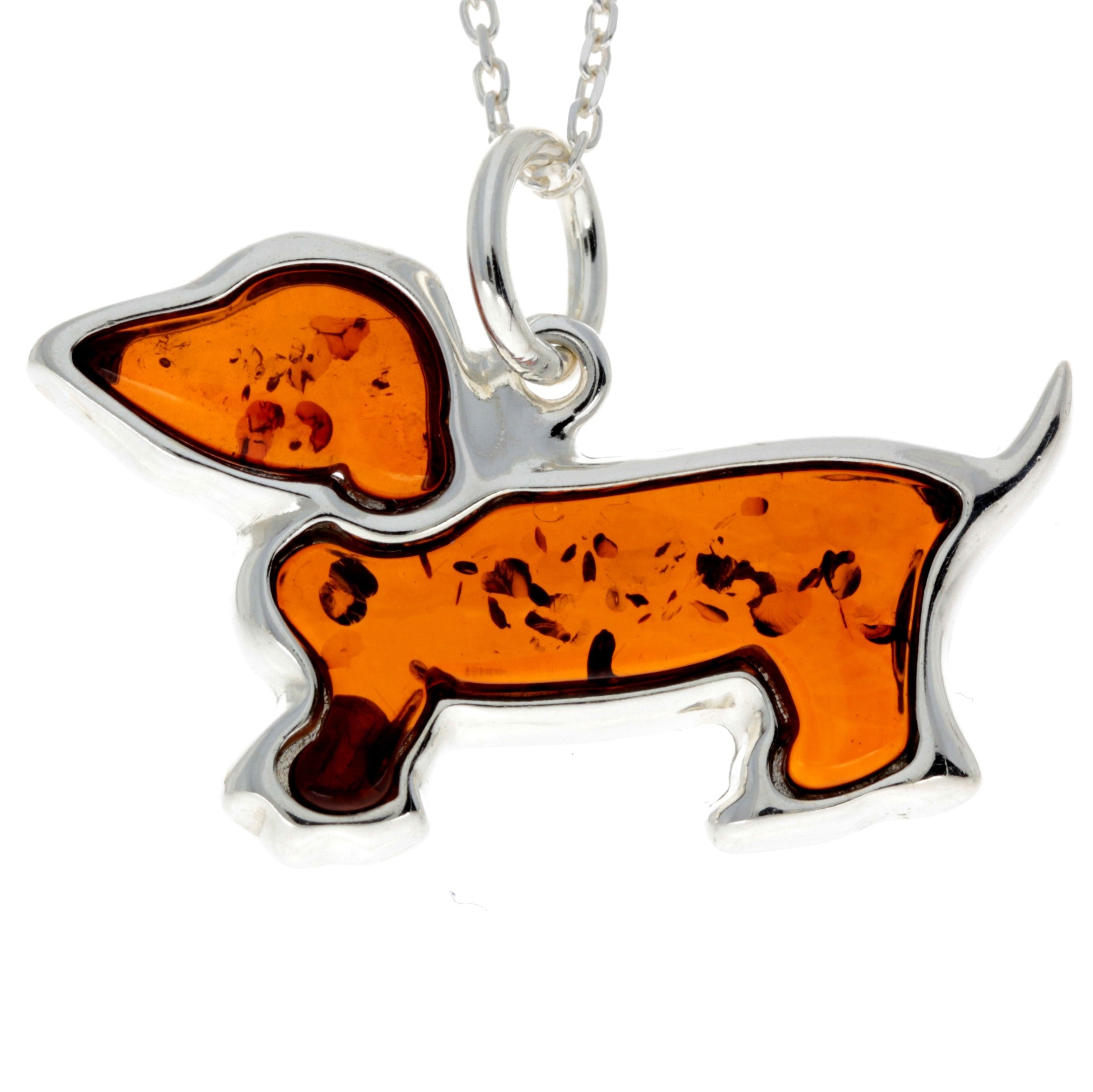 925 Sterling Silver & Baltic Amber Basset Hound Dog Pendant - AD219