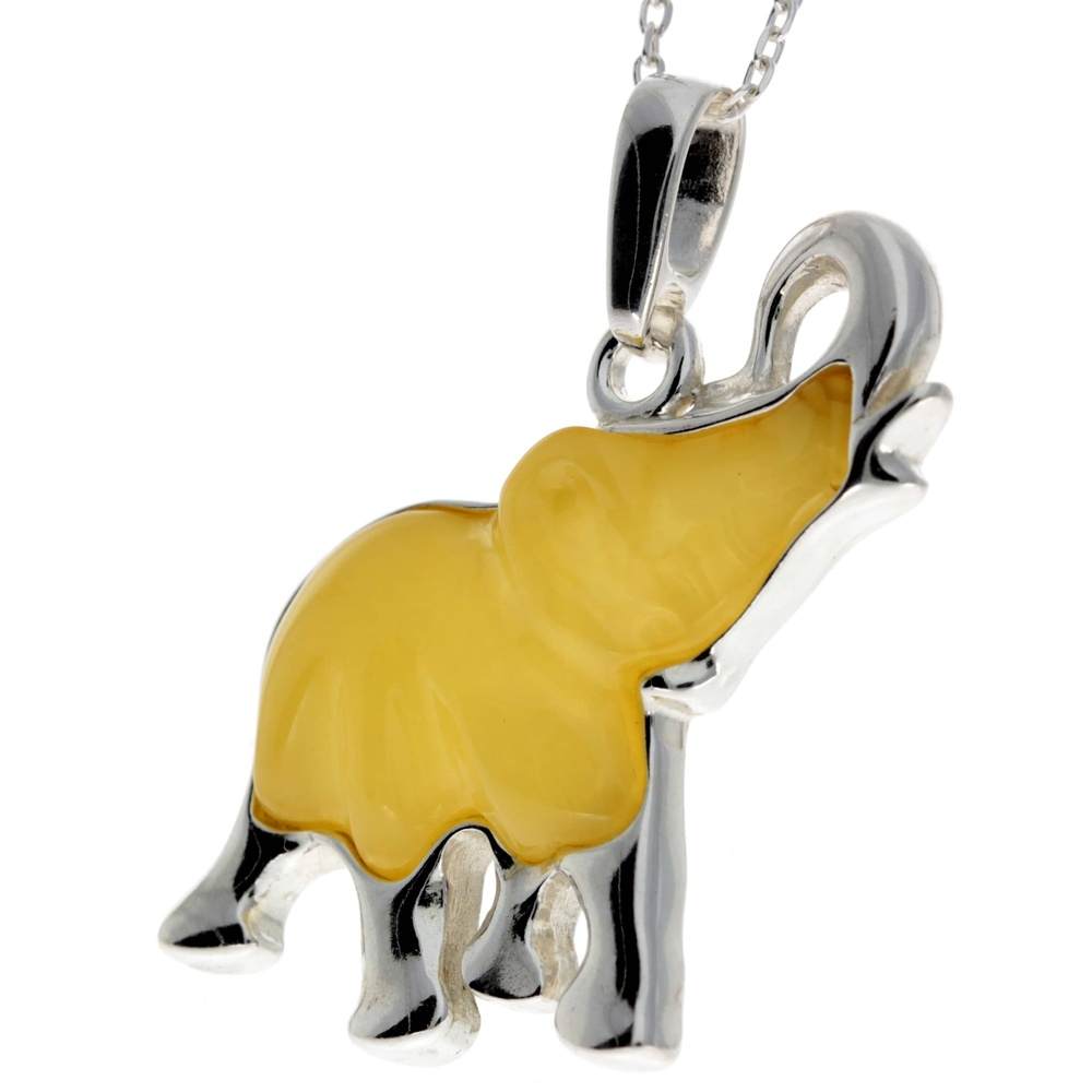 925 Sterling Silver & Baltic Amber Lucky Elephant Pendant - AD215