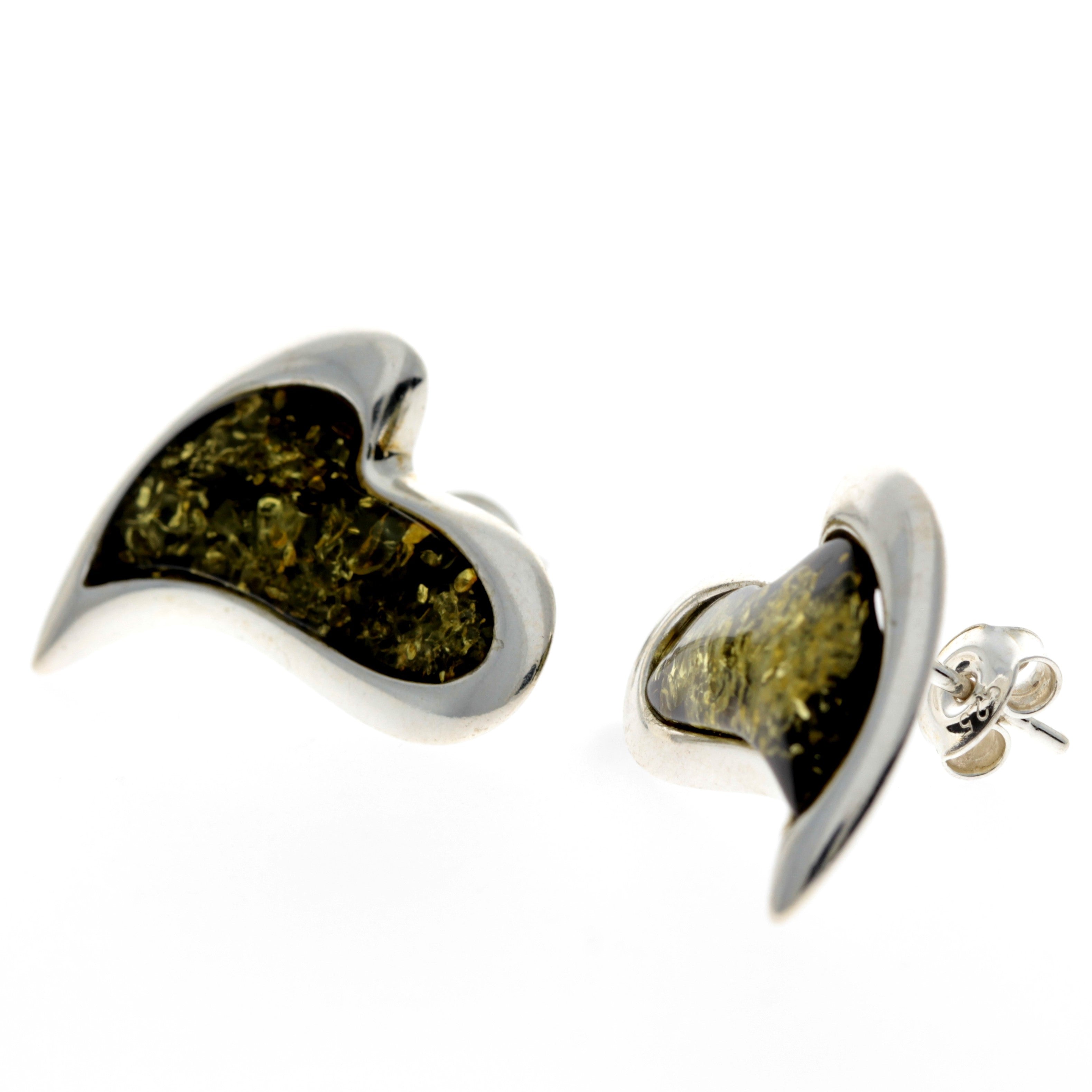 925 Sterling Silver & Baltic Amber Modern Heart Earrings - AC005
