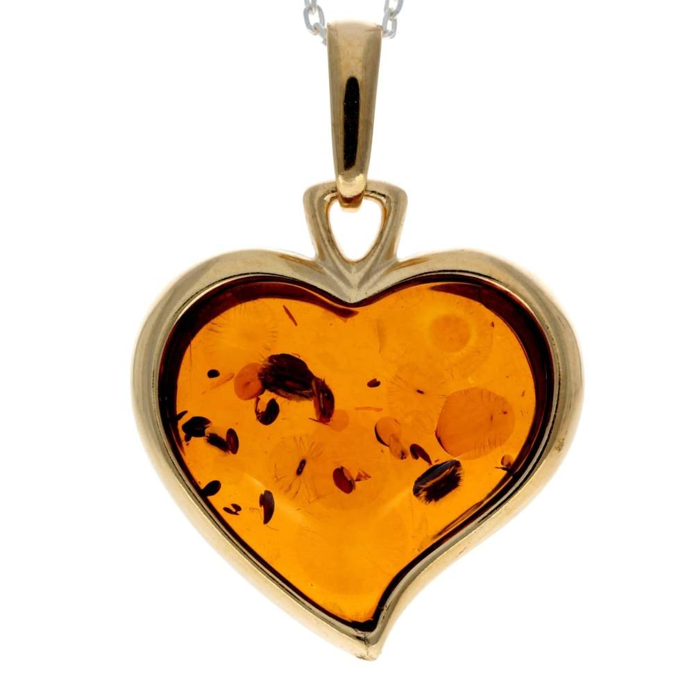 925 Sterling Silver Gold Plated & Baltic Amber Heart Engraved Pendant - AF204