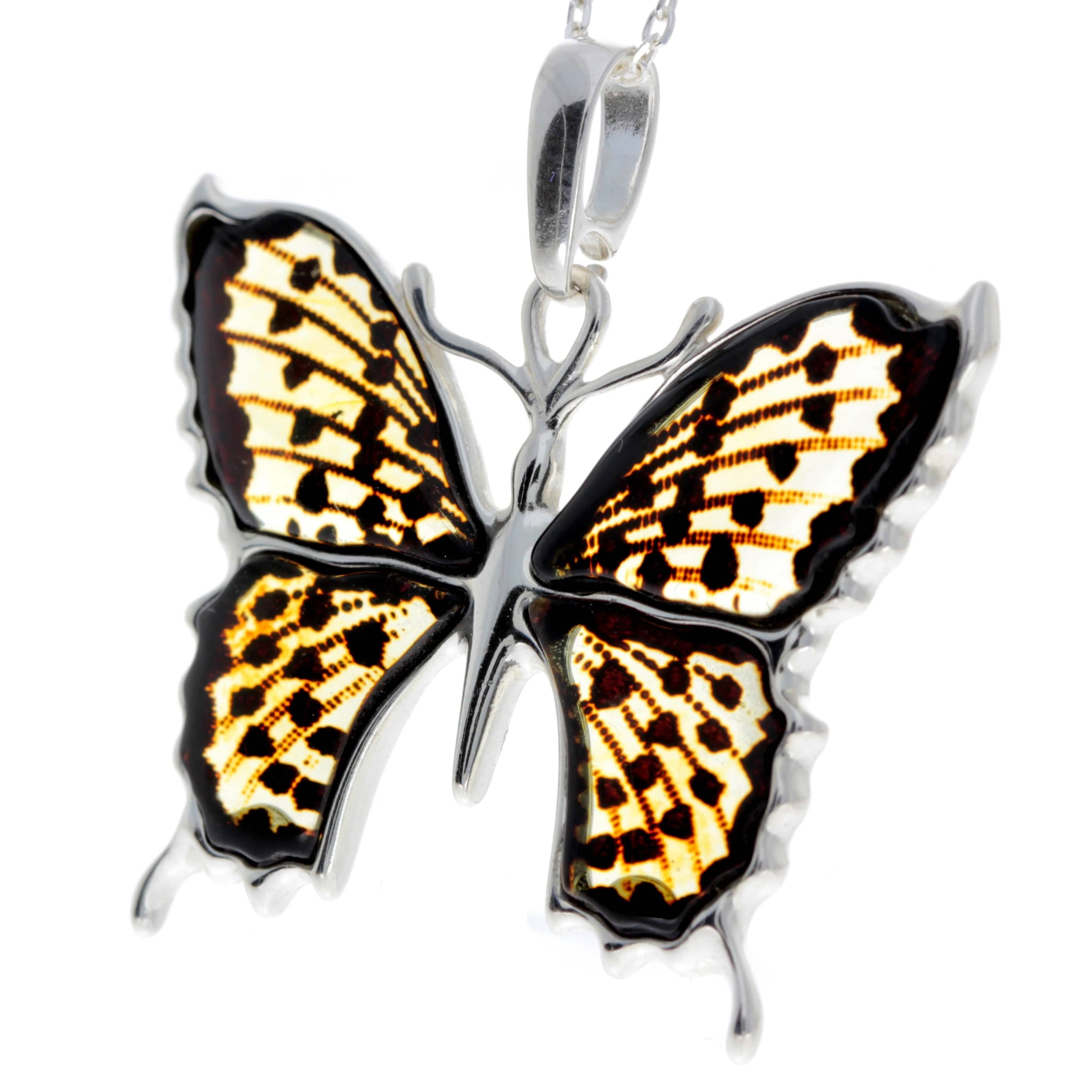 925 Sterling Silver & Baltic Amber Exclusive Engraved Butterfly Pendant - AF201