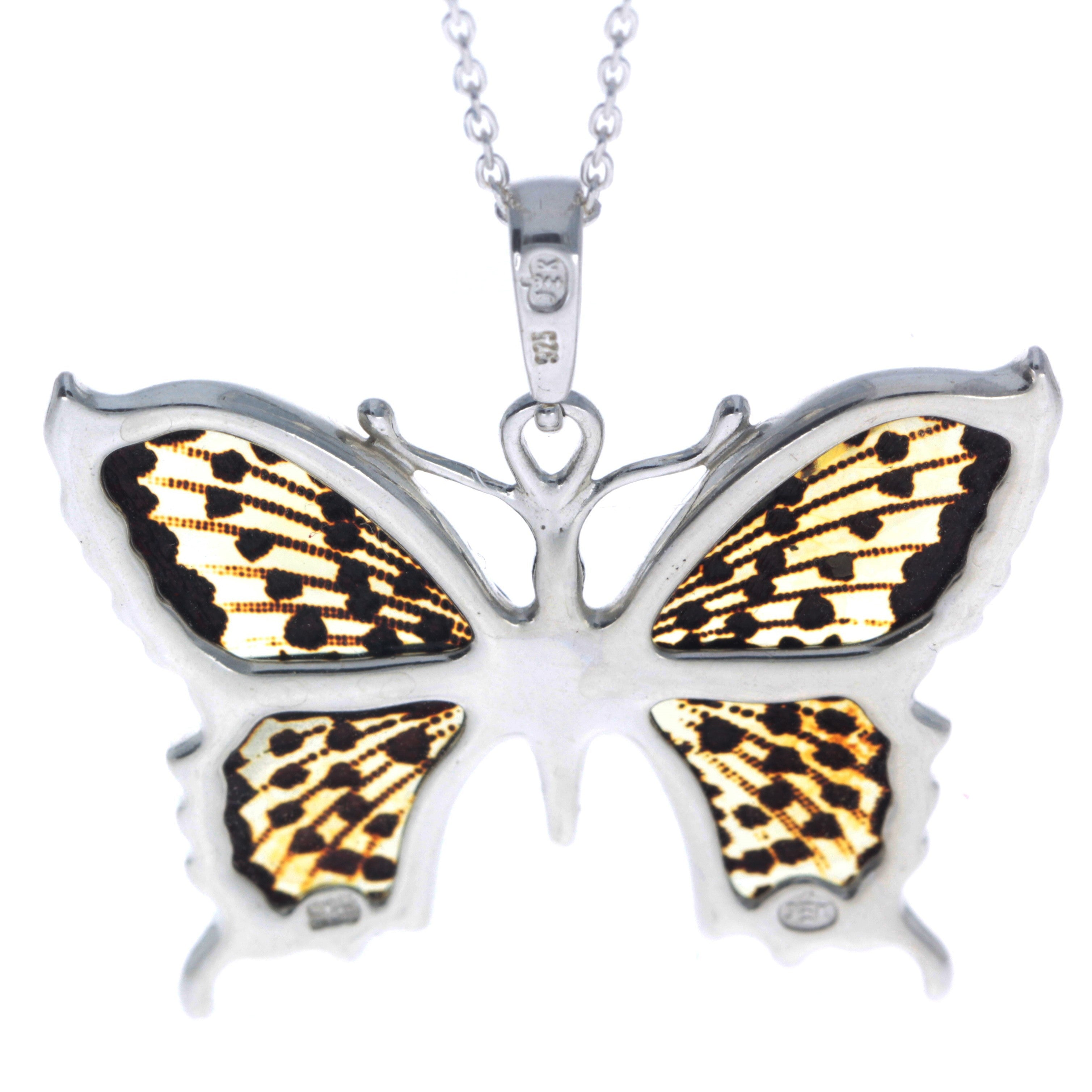 925 Sterling Silver & Baltic Amber Exclusive Engraved Butterfly Pendant - AF201