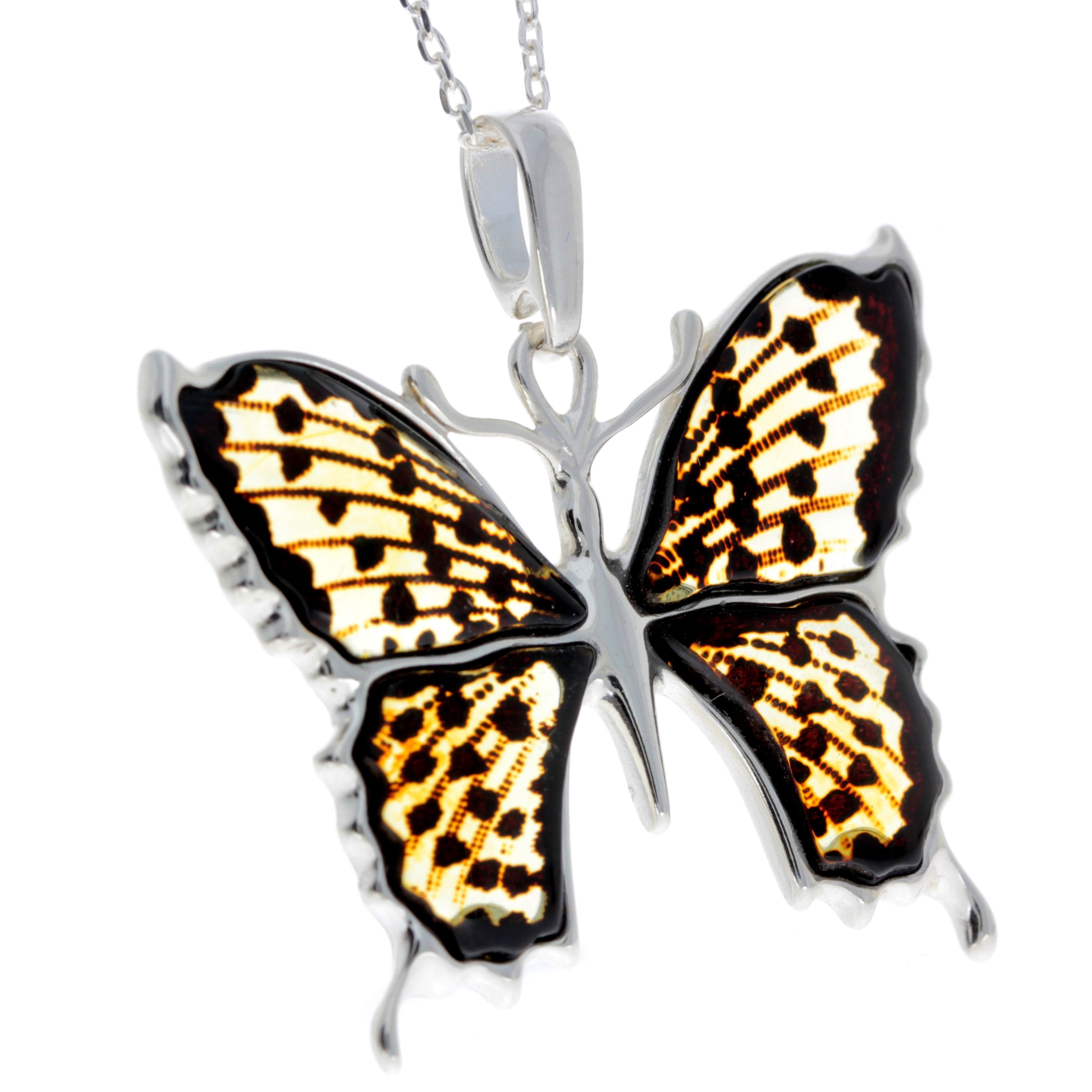 925 Sterling Silver & Baltic Amber Exclusive Engraved Butterfly Pendant - AF201