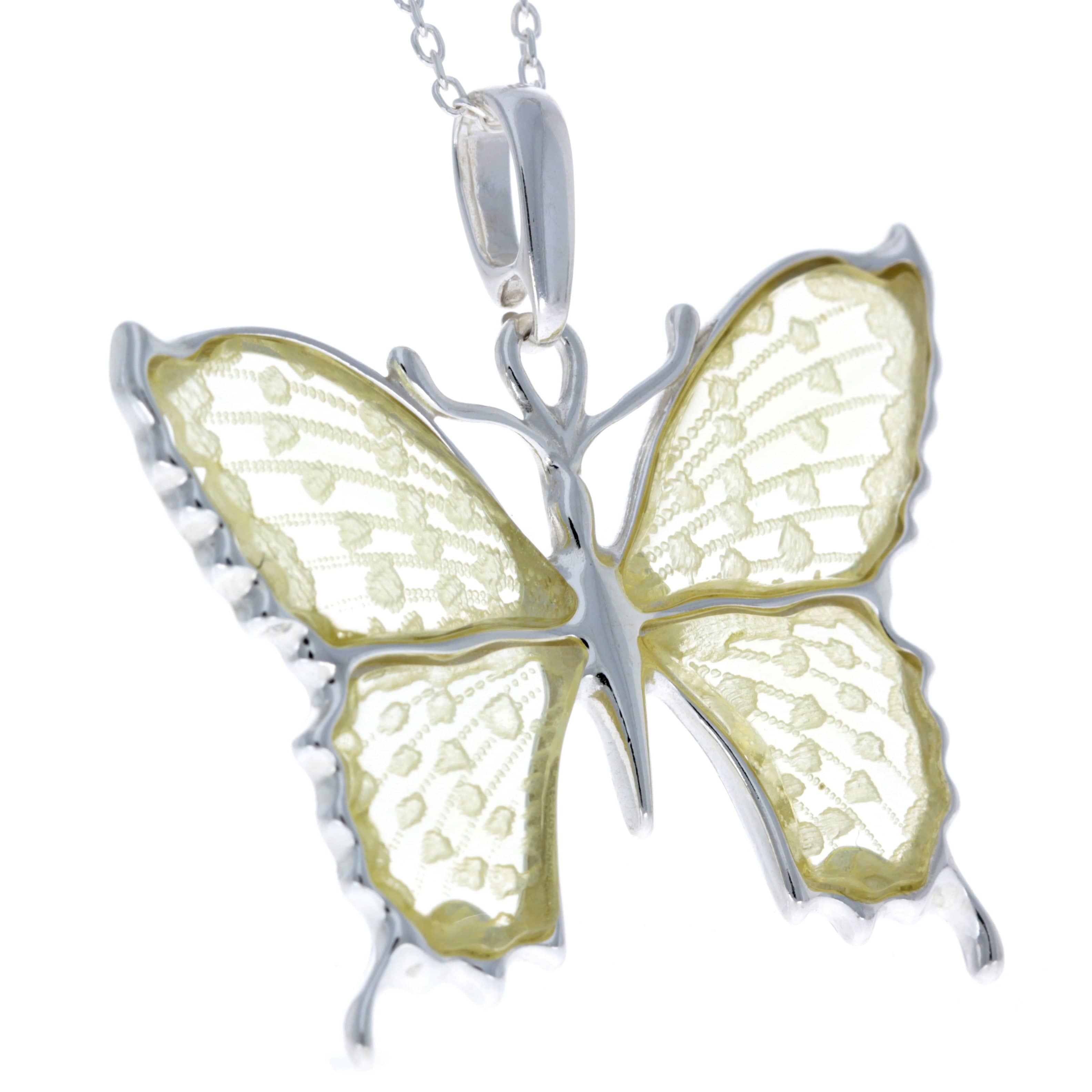 925 Sterling Silver & Baltic Amber Exclusive Engraved Butterfly Pendant - AF201