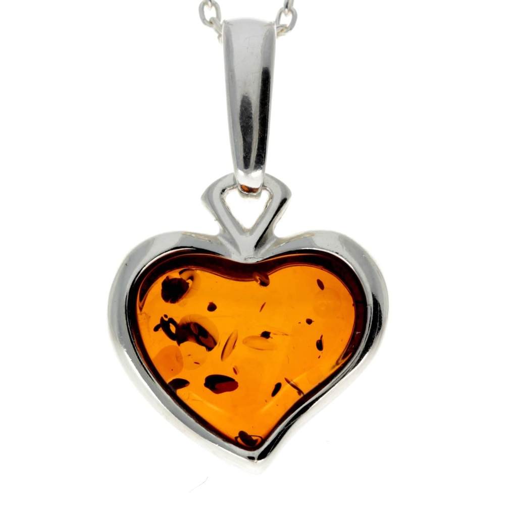 925 Sterling Silver & Baltic Amber Classic Heart Engraved Heart Pendant - AC203