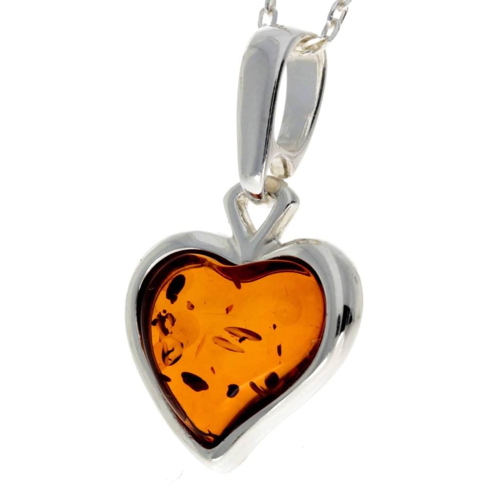 925 Sterling Silver & Baltic Amber Classic Heart Engraved Heart Pendant - AC203