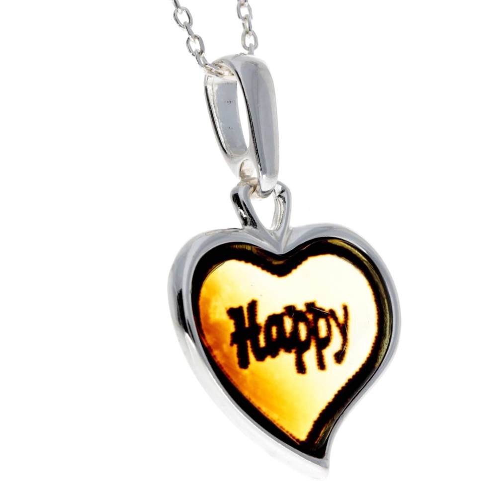 925 Sterling Silver & Baltic Amber Classic Heart Engraved Heart Pendant - AC203