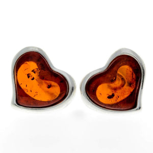 925 Sterling Silver & Baltic Amber Classic Heart Engraved Heart Studs Earrings - AC004